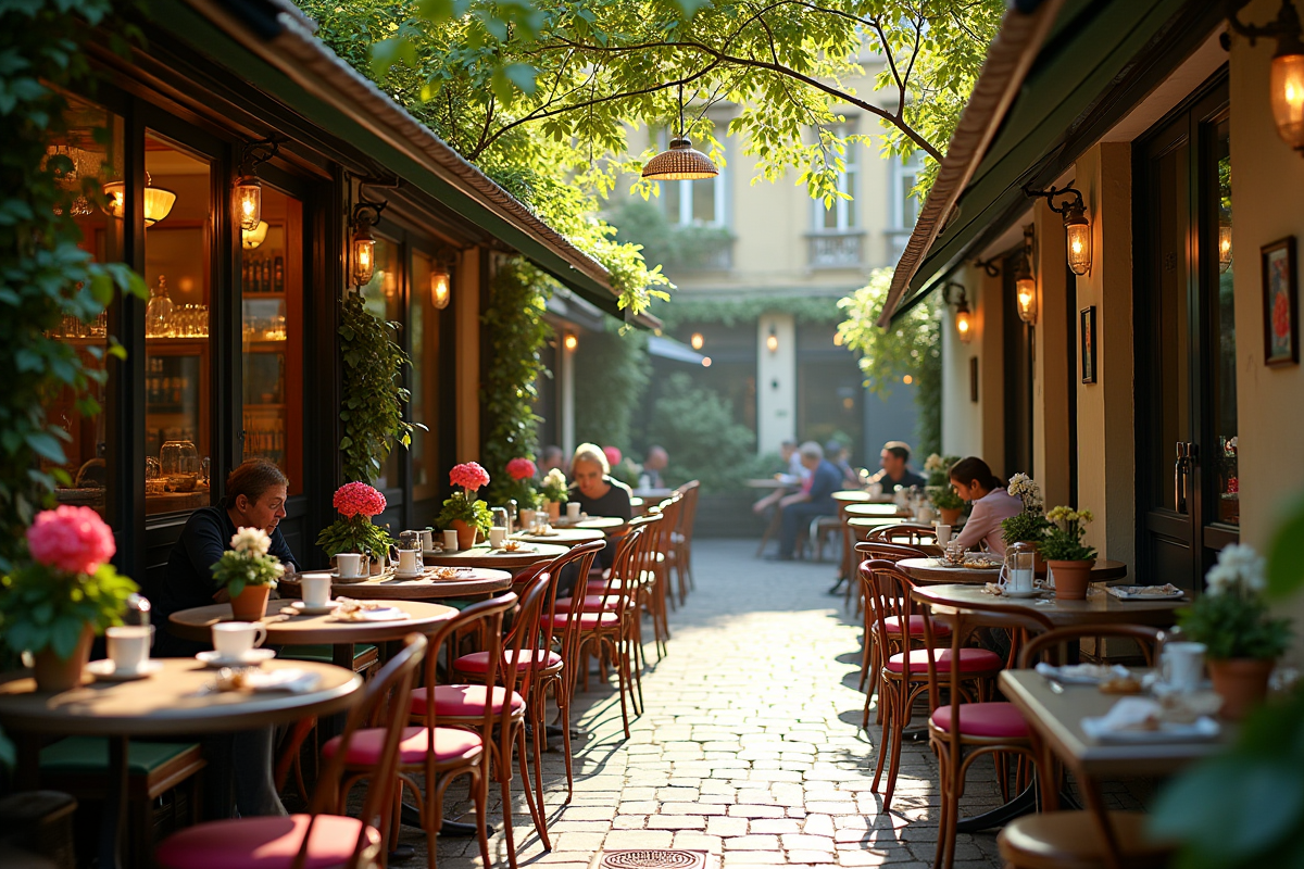Café parisien caché dans une cour verdoyante avec mobilier vintage