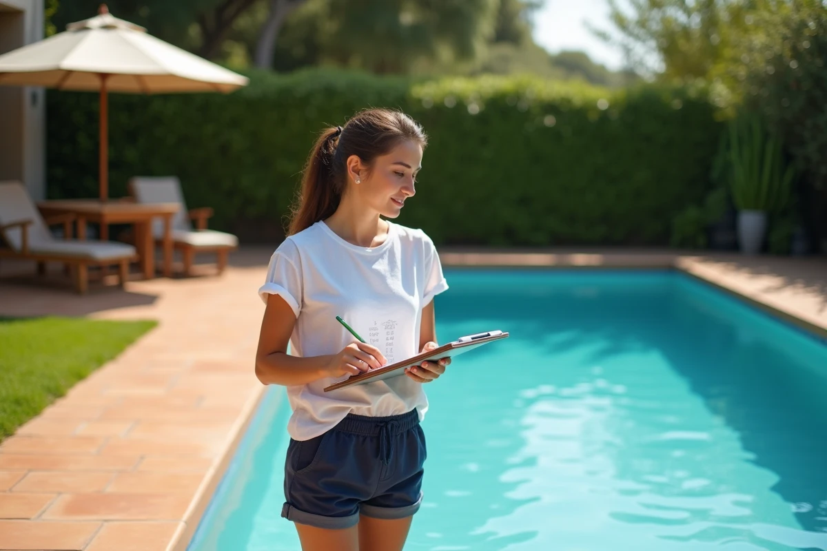 Femme calculant le volume d'une piscine extérieure en convertissant les mètres cubes en litres