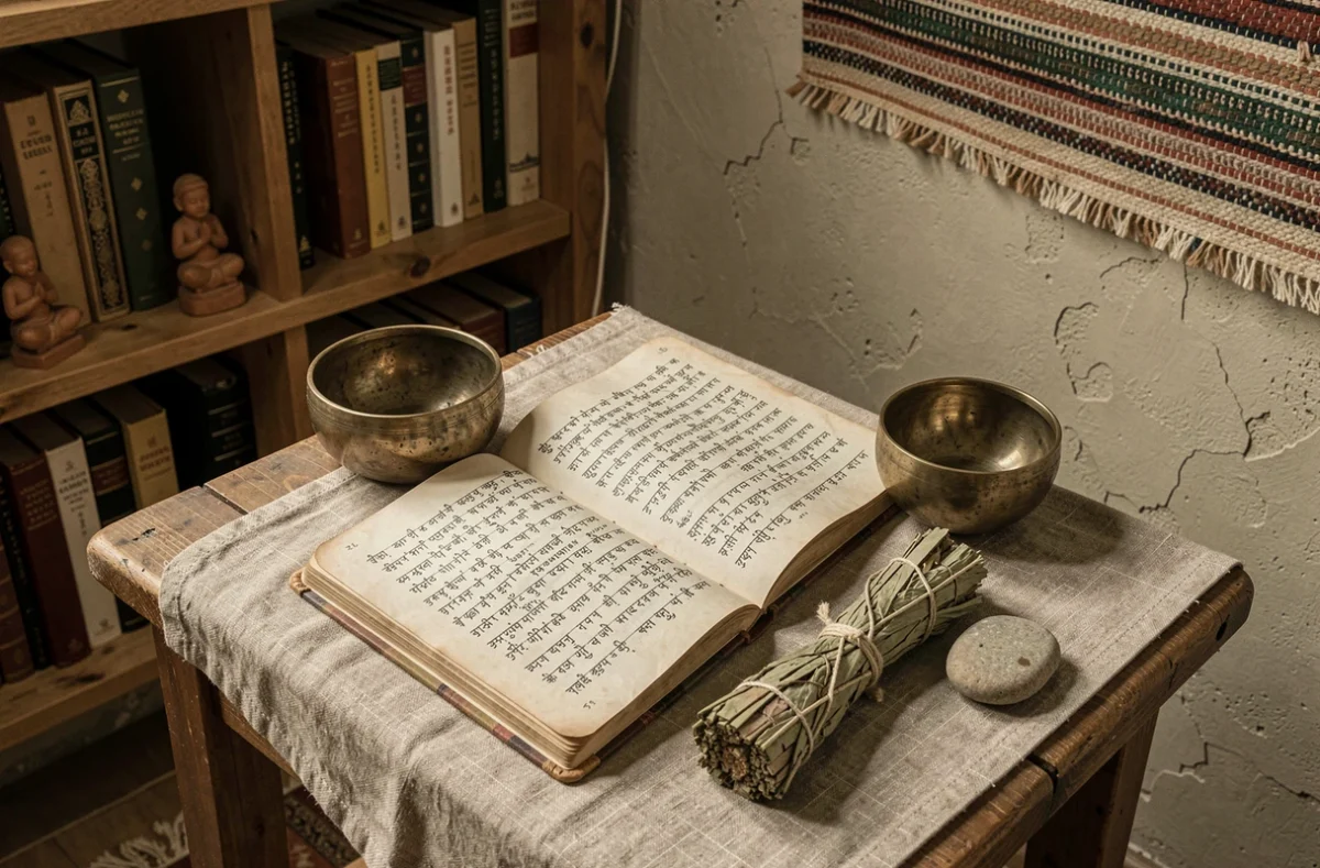Carnet ancien ouvert avec des mantras en sanskrit écrits à la main, posé sur un tissu de lin avec un bol chantant et des objets rituels
