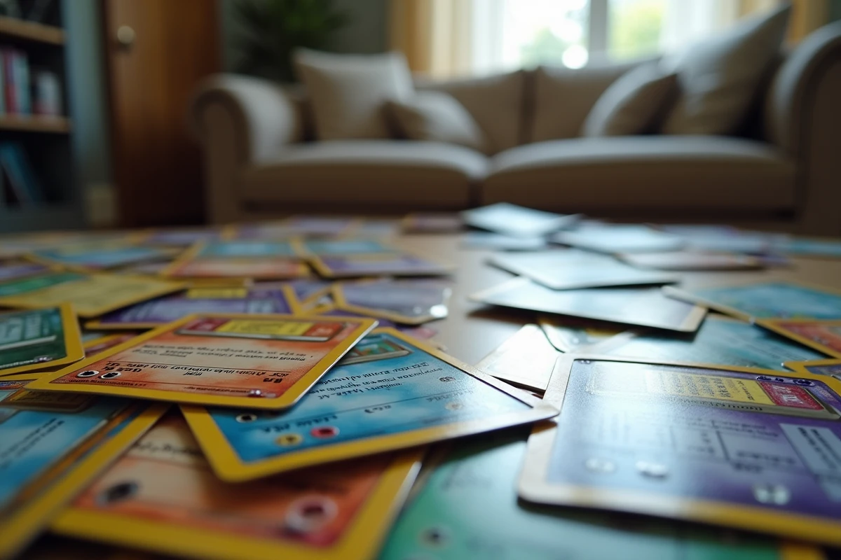 Tas de cartes Pokémon mal conservées sur une table, dont une carte holographique rare abîmée par une mauvaise manipulation