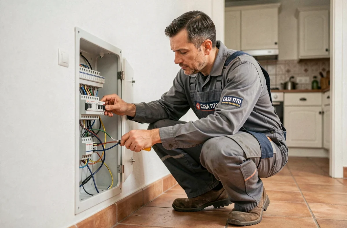Électricien de Casa Tito intervenant sur un tableau électrique dans une maison résidentielle