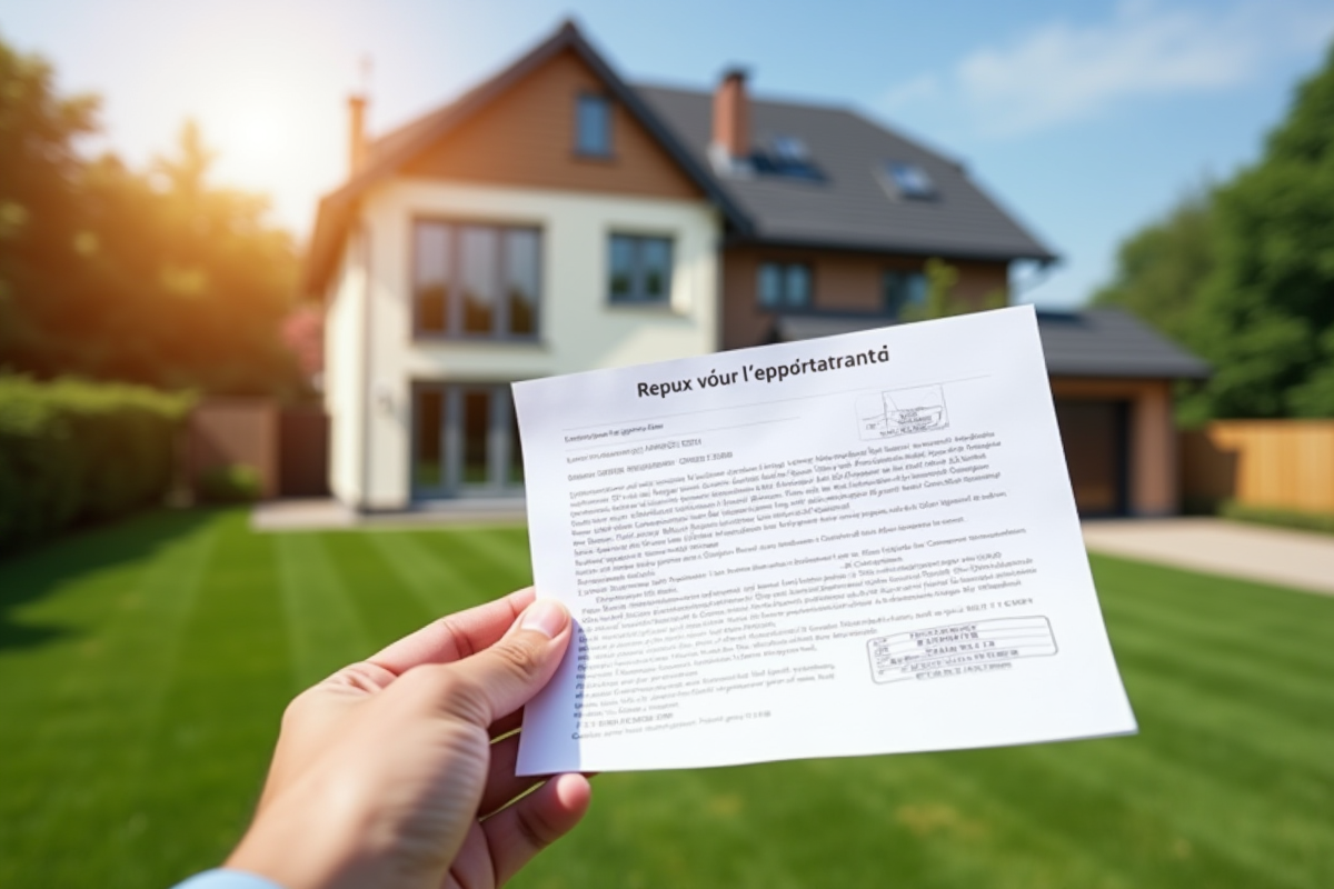 Main tenant un certificat foncier devant maison moderne