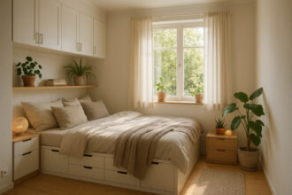 Photo hyperrealiste d'une chambre scandinave avec rangement intégré et plantes