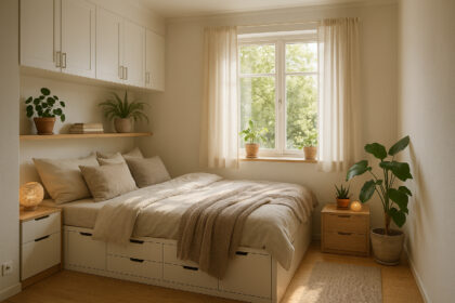 Photo hyperrealiste d'une chambre scandinave avec rangement intégré et plantes