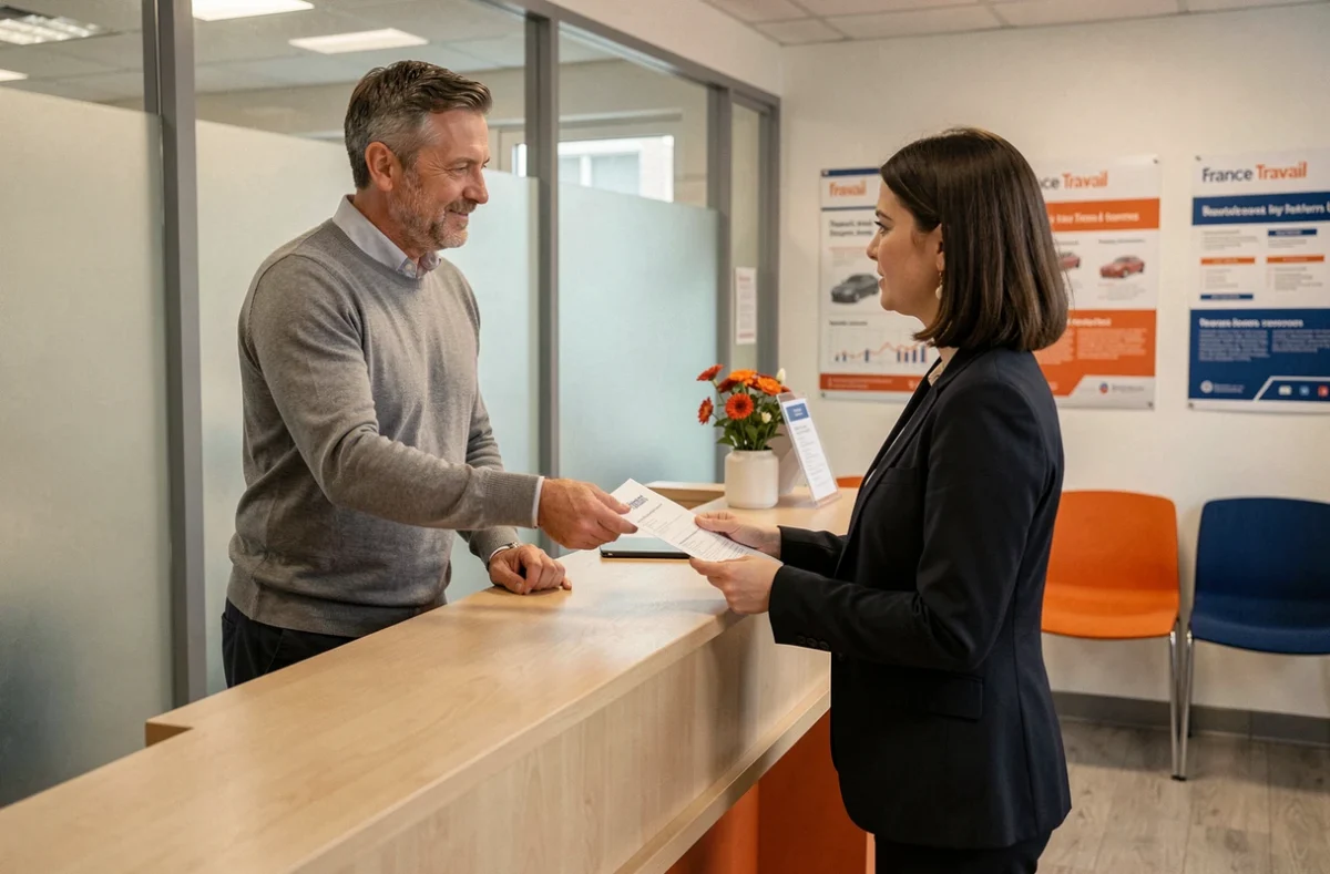 Homme déposant un document de changement d'adresse auprès d'un conseiller France Travail en agence