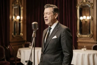 Chanteur français des années 60 interprétant une chanson dans un cabaret parisien vintage avec micro d'époque