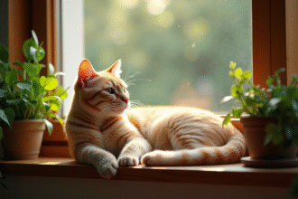 Chat beige au soleil sur une fenêtre avec plantes vertes