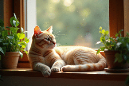 Chat beige au soleil sur une fenêtre avec plantes vertes