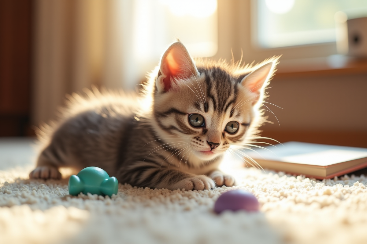 Chaton gris et blanc jouant sur un tapis lumineux