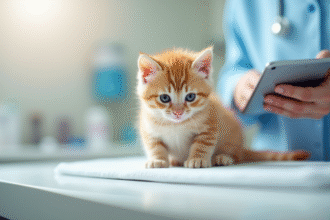 Petit chaton orange sur une table de clinique