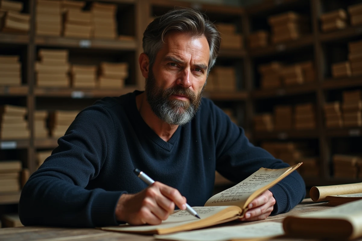 Chercheur en archives consultant des notes phonétiques manuscrites pour enquêter sur l'origine mystérieuse d'un mot intriguant