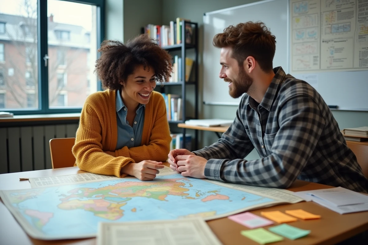 Deux jeunes chercheurs collaborant autour de cartes étymologiques et de documents linguistiques pour percer le mystère des origines d'un mot