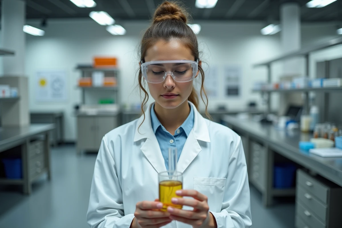 Jeune femme chercheuse analyse echantillon biofuel en laboratoire