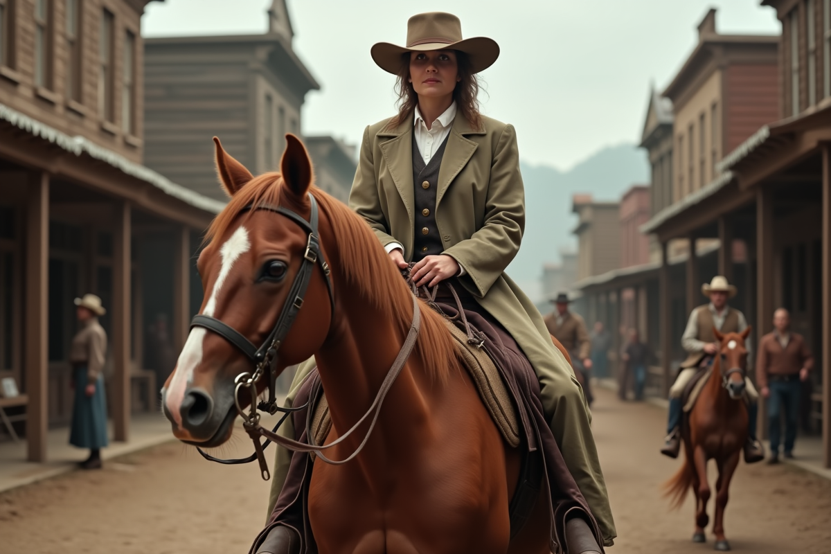 Femme à cheval dans une rue de ville frontier