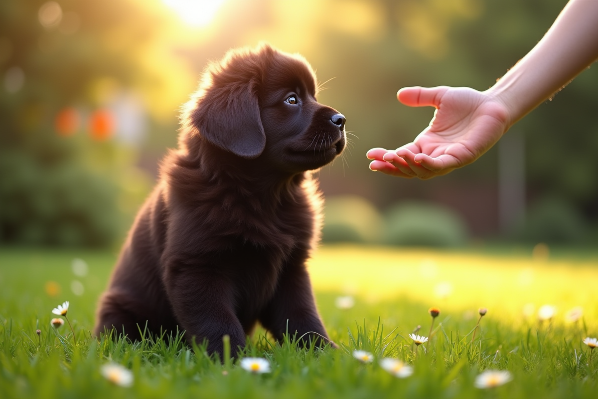 Chiot Newfoundland assis dans le jardin avec une main tendue