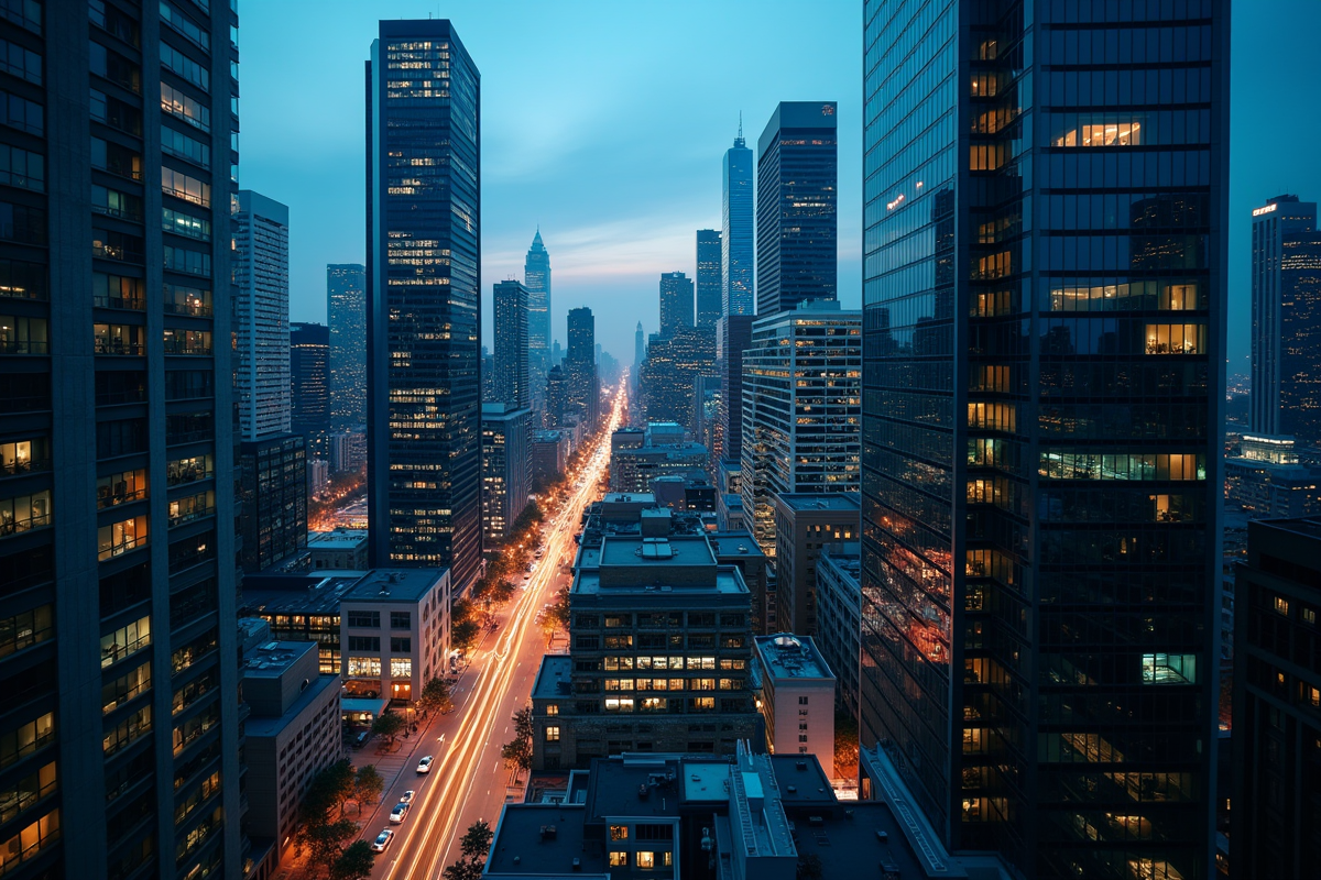 Ciel de ville au crépuscule avec bâtiments et données numériques