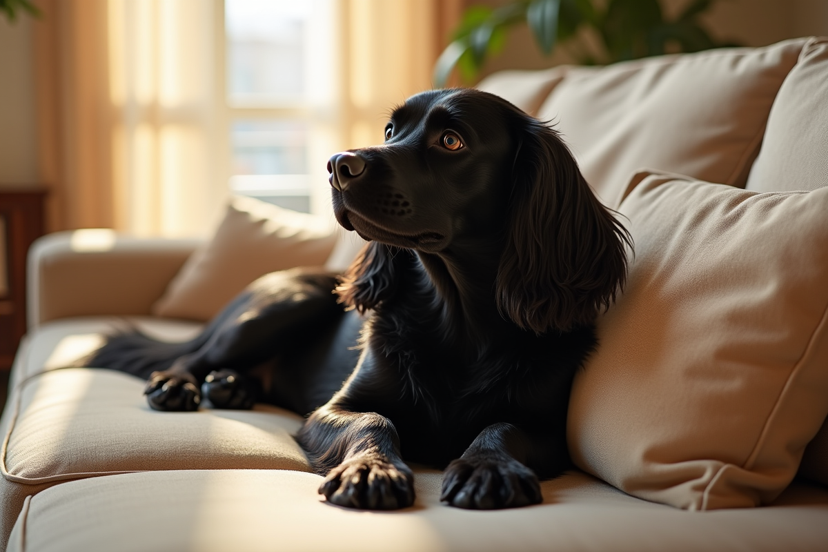 Cocker spaniel noir sur un canapé beige à la lumière du matin