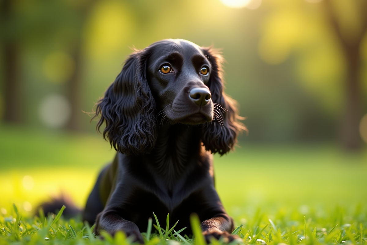 Cocker spaniel noir assis dans un parc ensoleille