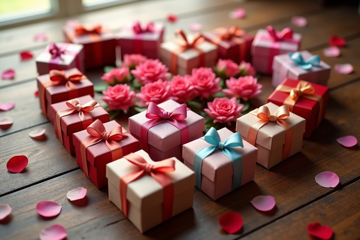 Dix coffrets cadeaux disposés en forme de cœur avec fleurs et cartes