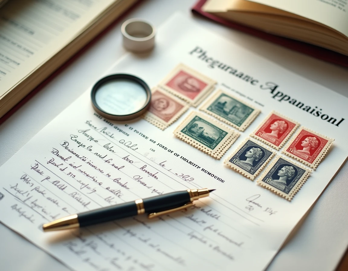 Vue aérienne d'une collection de timbres avec certificat d'expertise et formulaire de déclaration d'assurance