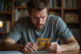 Collectionneur examinant attentivement une carte Pokémon holographique rare au-dessus d'un bureau en bois