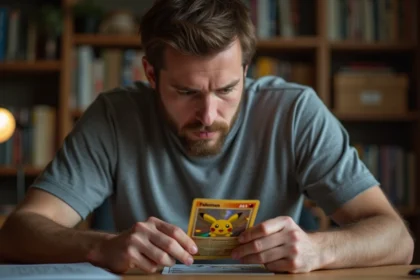 Collectionneur examinant attentivement une carte Pokémon holographique rare au-dessus d'un bureau en bois