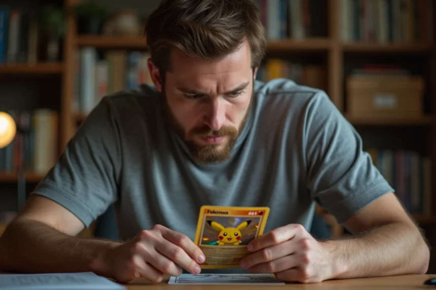 Collectionneur examinant attentivement une carte Pokémon holographique rare au-dessus d'un bureau en bois