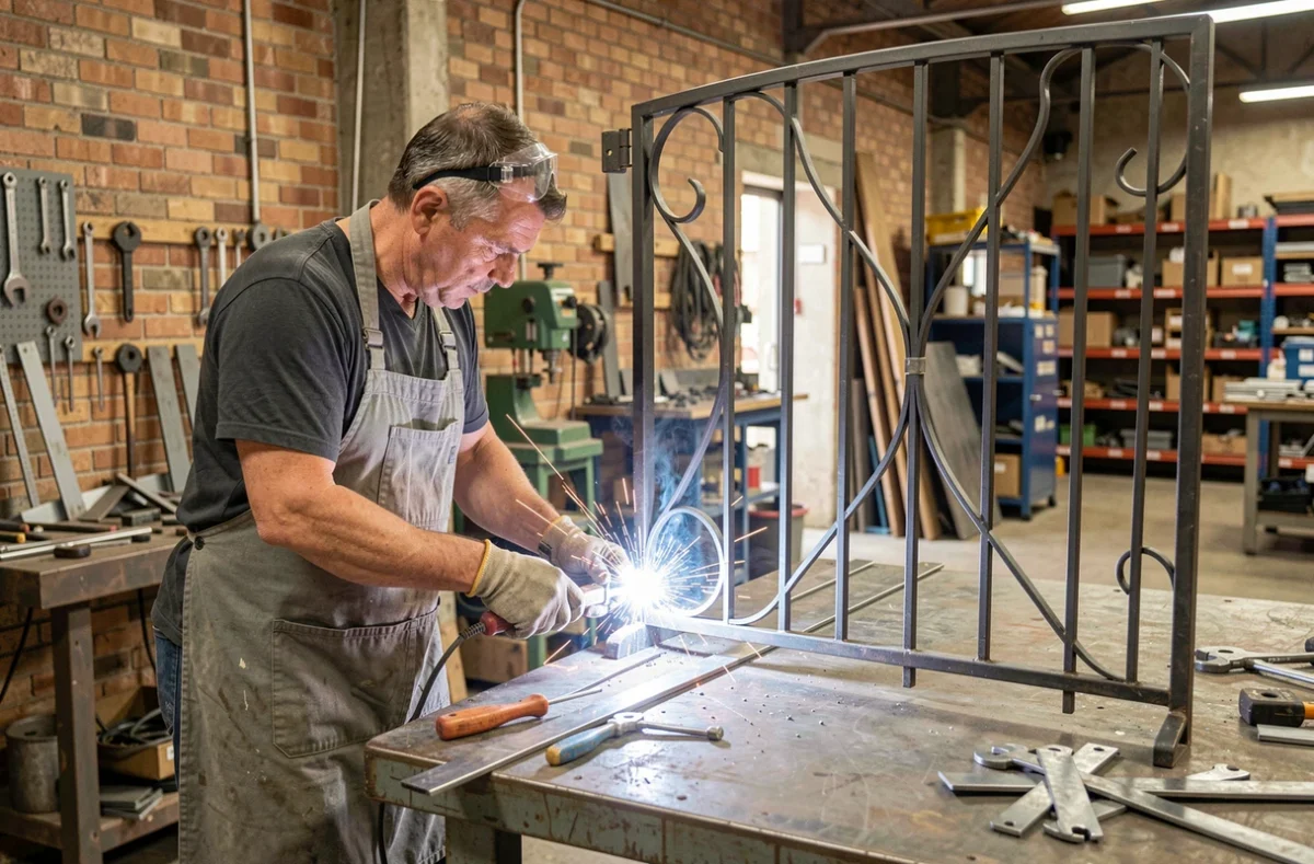 Artisan serrurier-métallier de Compao travaillant sur un portail en fer forgé dans un atelier de fabrication à Besançon