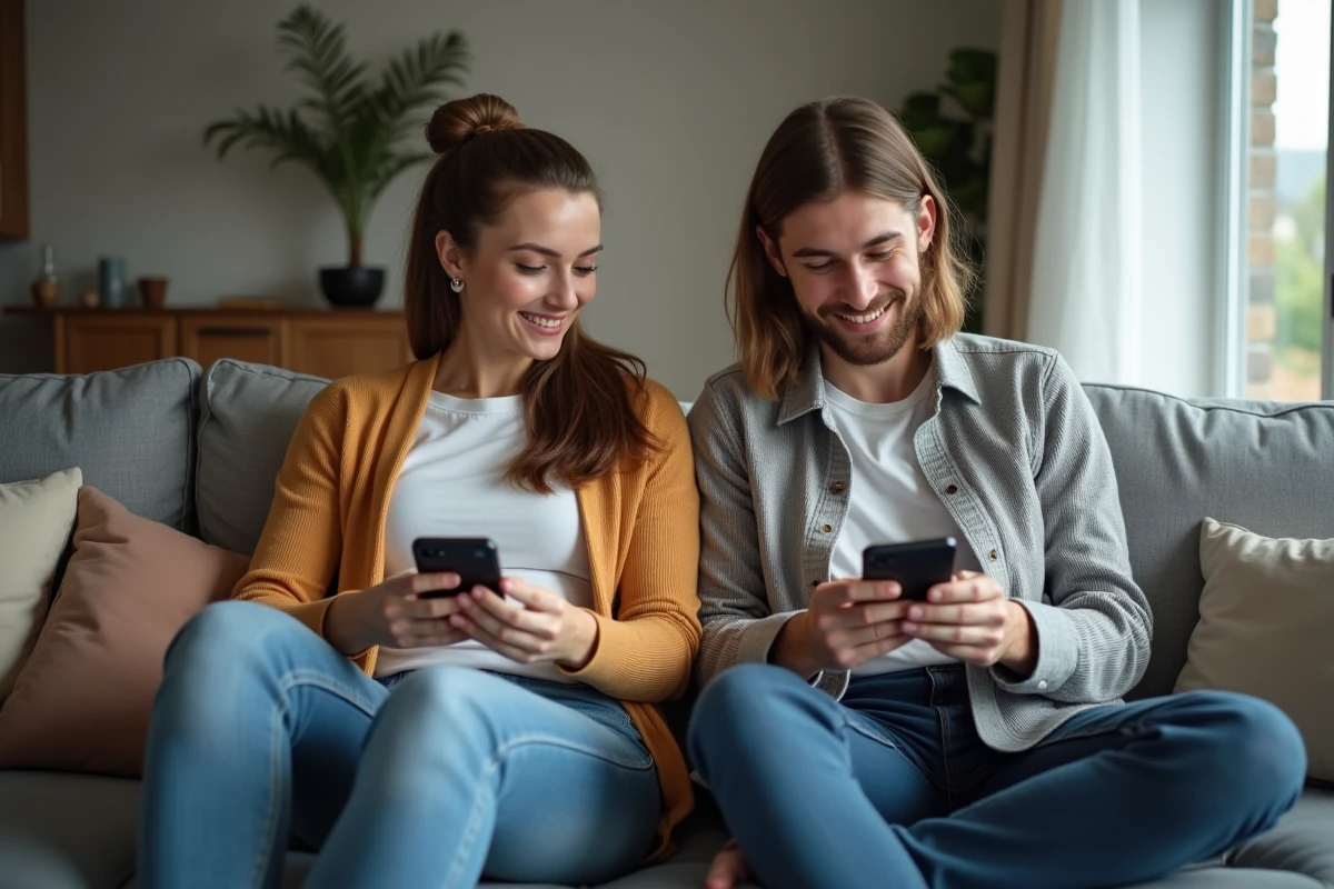 Deux personnes comparant l'accès à un site web sur Android et iOS depuis leurs smartphones respectifs dans un salon