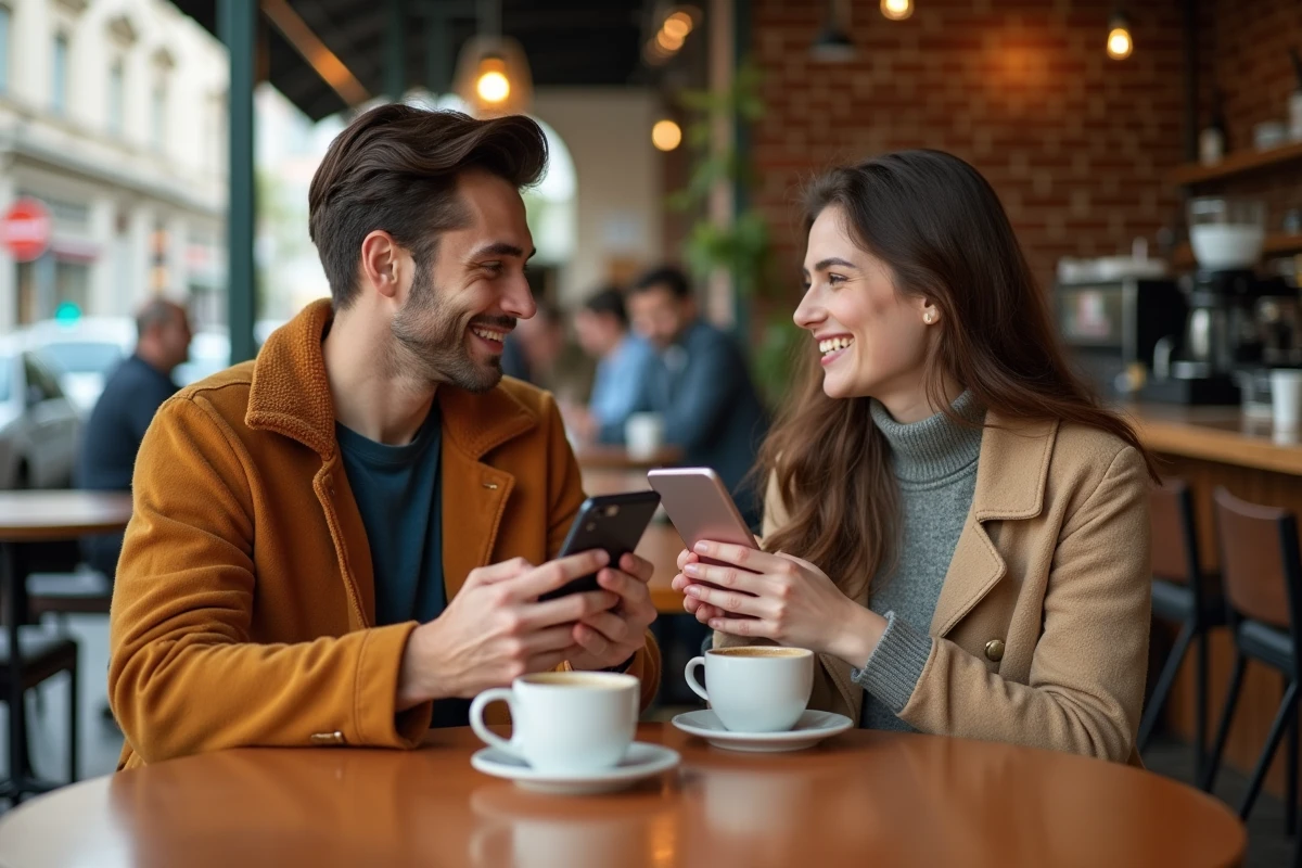 Deux personnes comparant des applications de tchat alternatif sur leurs smartphones dans un café urbain animé
