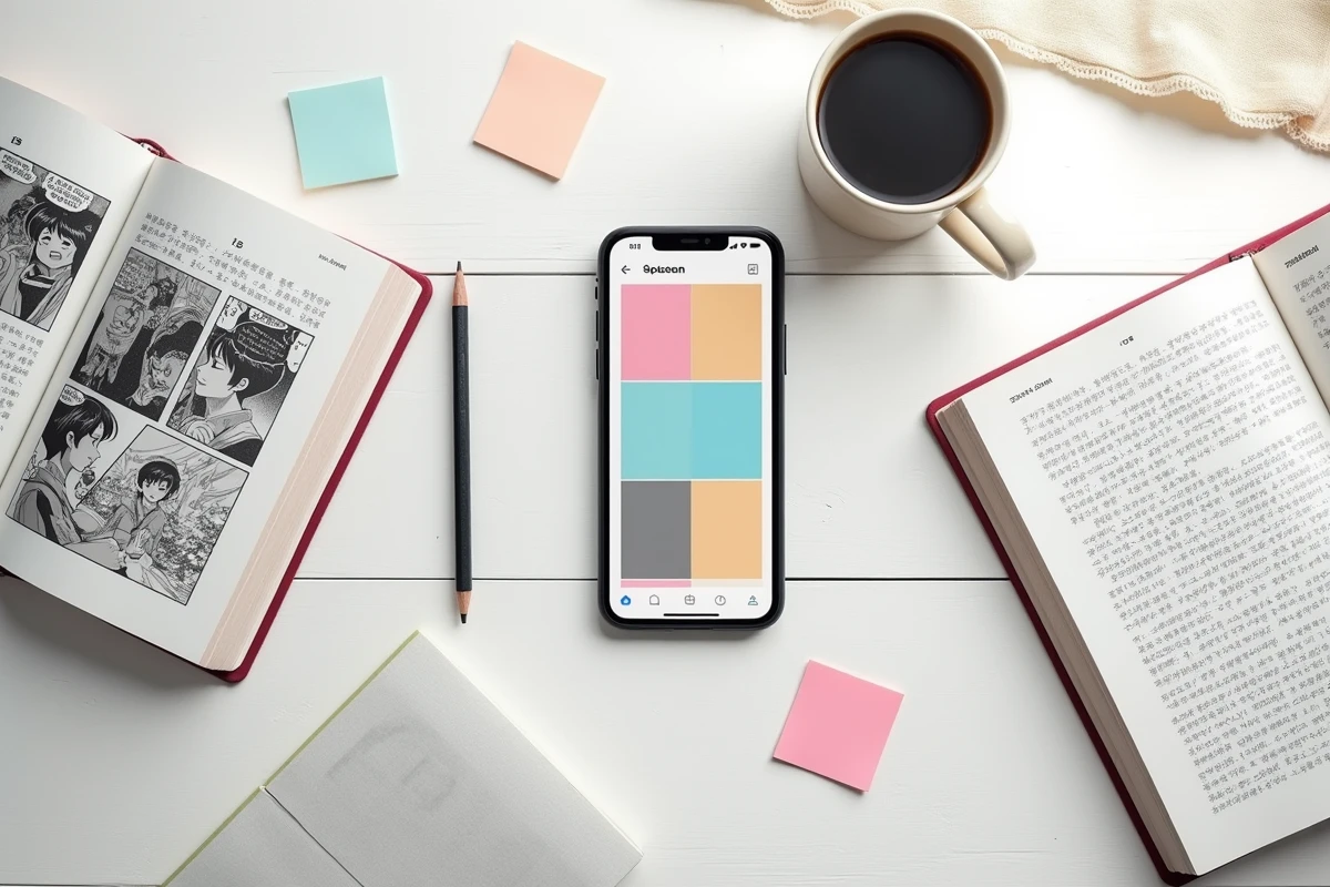 Vue aérienne d'un manga, d'un webtoon sur smartphone et d'un roman light novel disposés sur une table pour comparaison