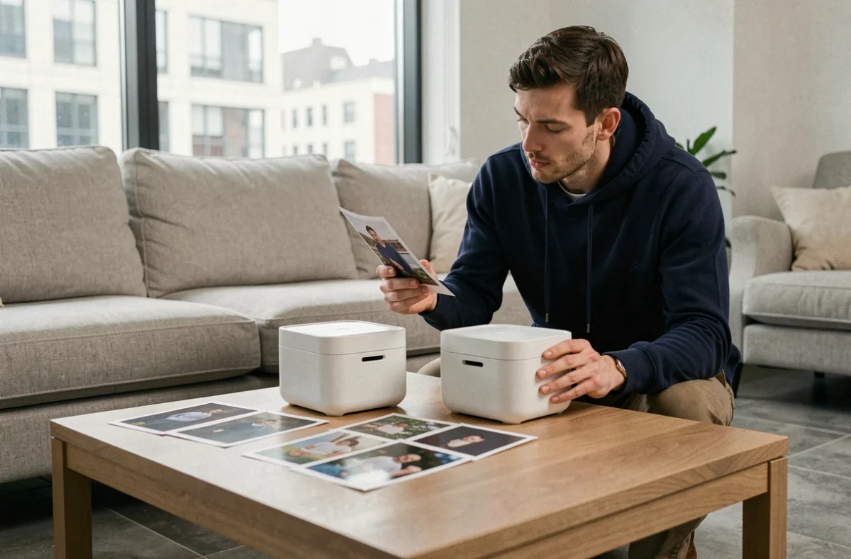 Homme comparant deux imprimantes photo portables côte à côte dans un salon moderne