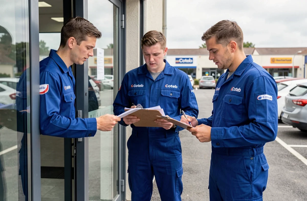 Équipe de Coteb Entreprises devant une porte coulissante automatique nouvellement installée sur un bâtiment commercial