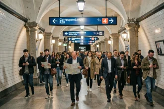 Couloir de correspondance du métro parisien ligne 4 avec panneaux de direction RER et voyageurs en mouvement