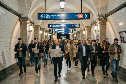 Couloir de correspondance du métro parisien ligne 4 avec panneaux de direction RER et voyageurs en mouvement