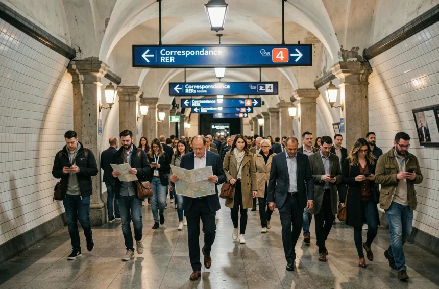 Couloir de correspondance du métro parisien ligne 4 avec panneaux de direction RER et voyageurs en mouvement