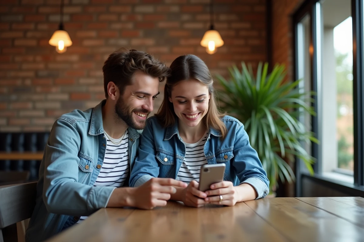 Couple utilisant une application mobile pour planifier des enregistrements à distance sur Orange TV depuis leur appartement