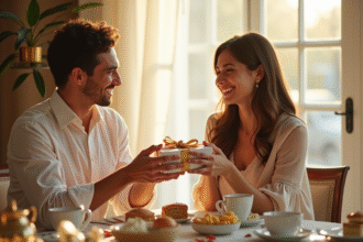 Couple souriant échangeant des cadeaux lors d'un petit déjeuner élégant