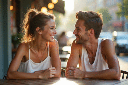 Jeune couple souriant au café en plein air ensoleillé