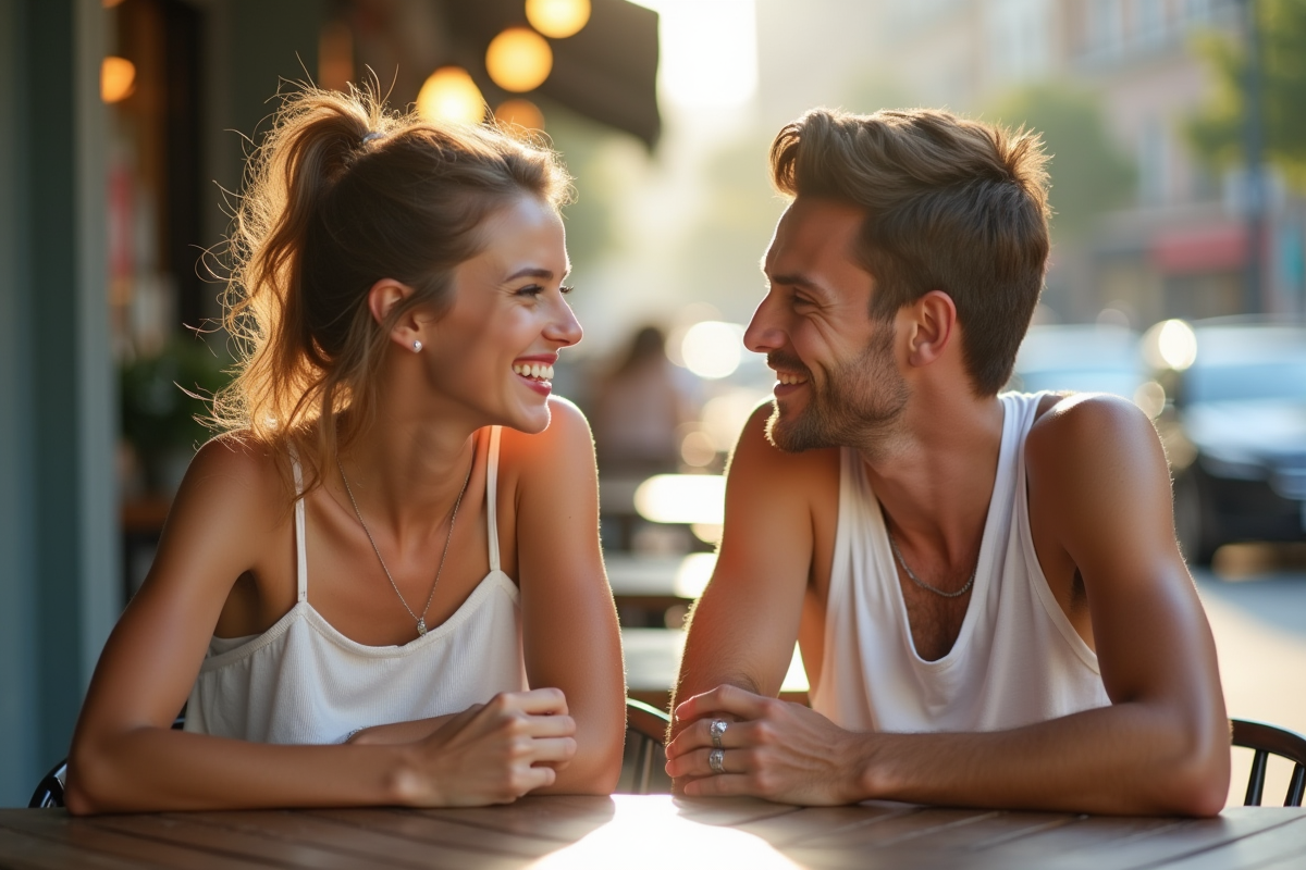 Jeune couple souriant au café en plein air ensoleillé