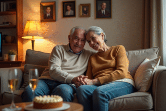 Couple mature assis sur un canapé chaleureux souriant et main dans la main
