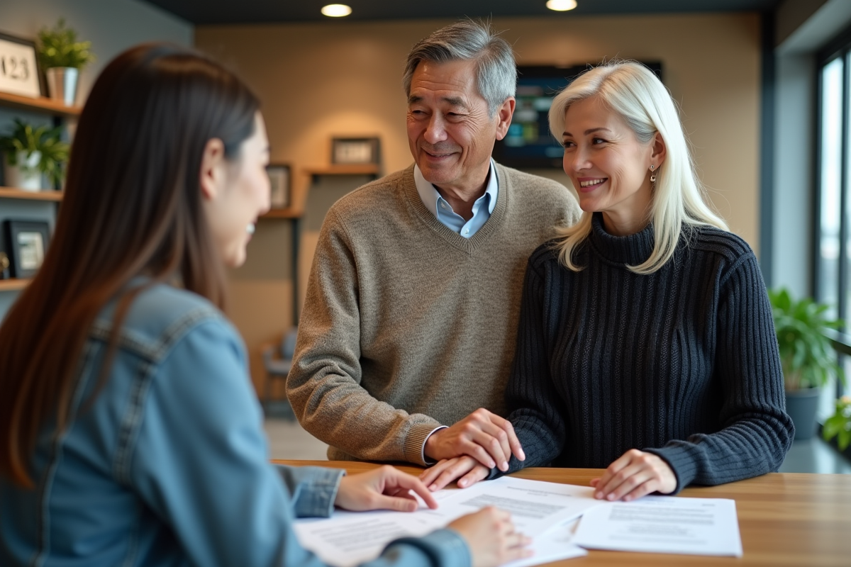 Couple discutant avec conseiller bancaire sur prêt immobilier