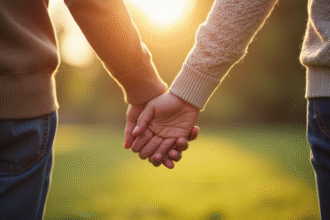 Couple senior se tenant la main dans un parc ensoleille