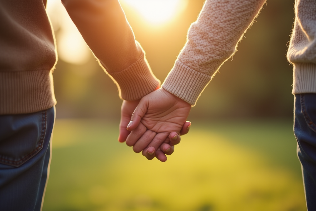 Couple senior se tenant la main dans un parc ensoleille