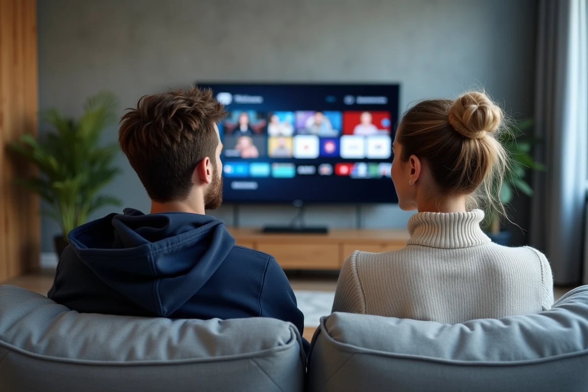 Couple naviguant dans le guide des chaînes TNT sur un téléviseur mural dans un appartement moderne