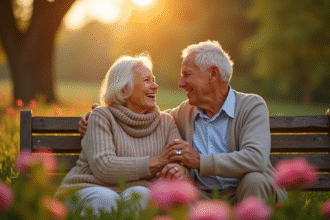 Couple âgé riant main dans la main dans un parc ensoleille