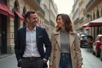 Couple souriant dans une rue urbaine animée