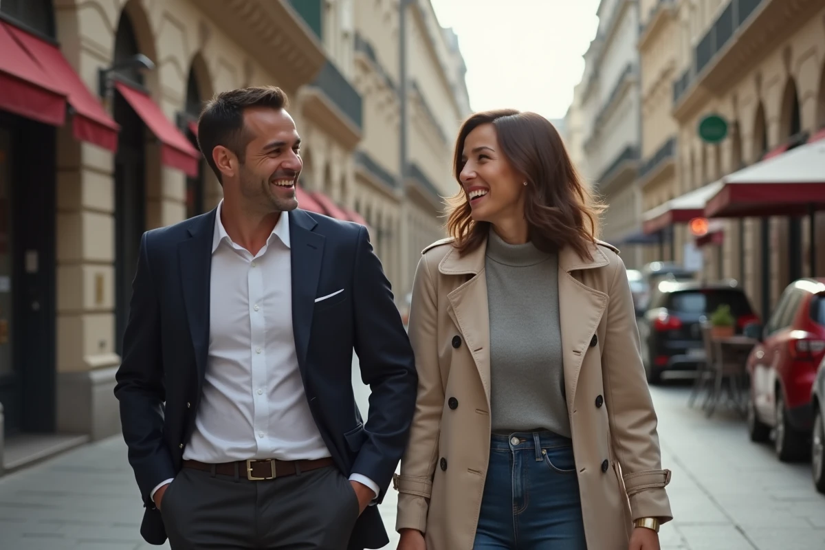 Couple souriant dans une rue urbaine animée