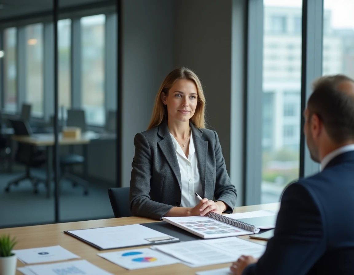 Courtière en assurance présentant un rapport d'expertise philatélique à un client en bureau professionnel