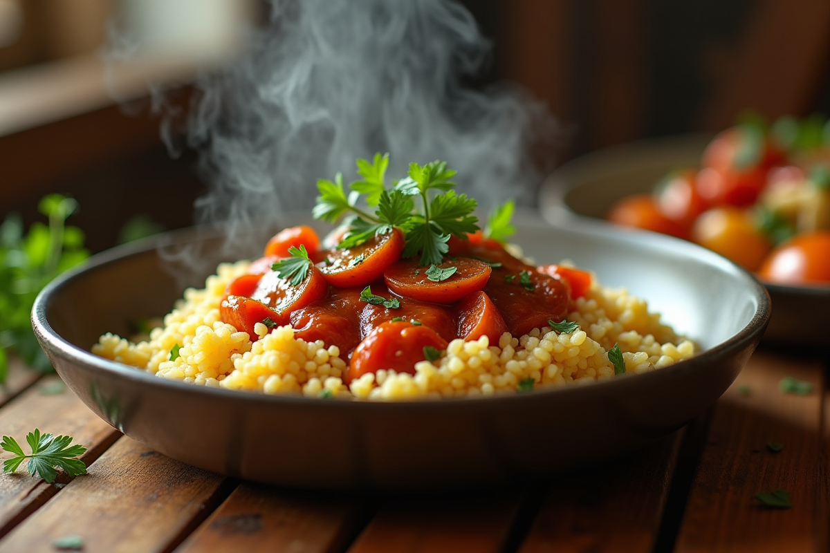 Couscous servi avec légumes rôtis et coriandre fraîche